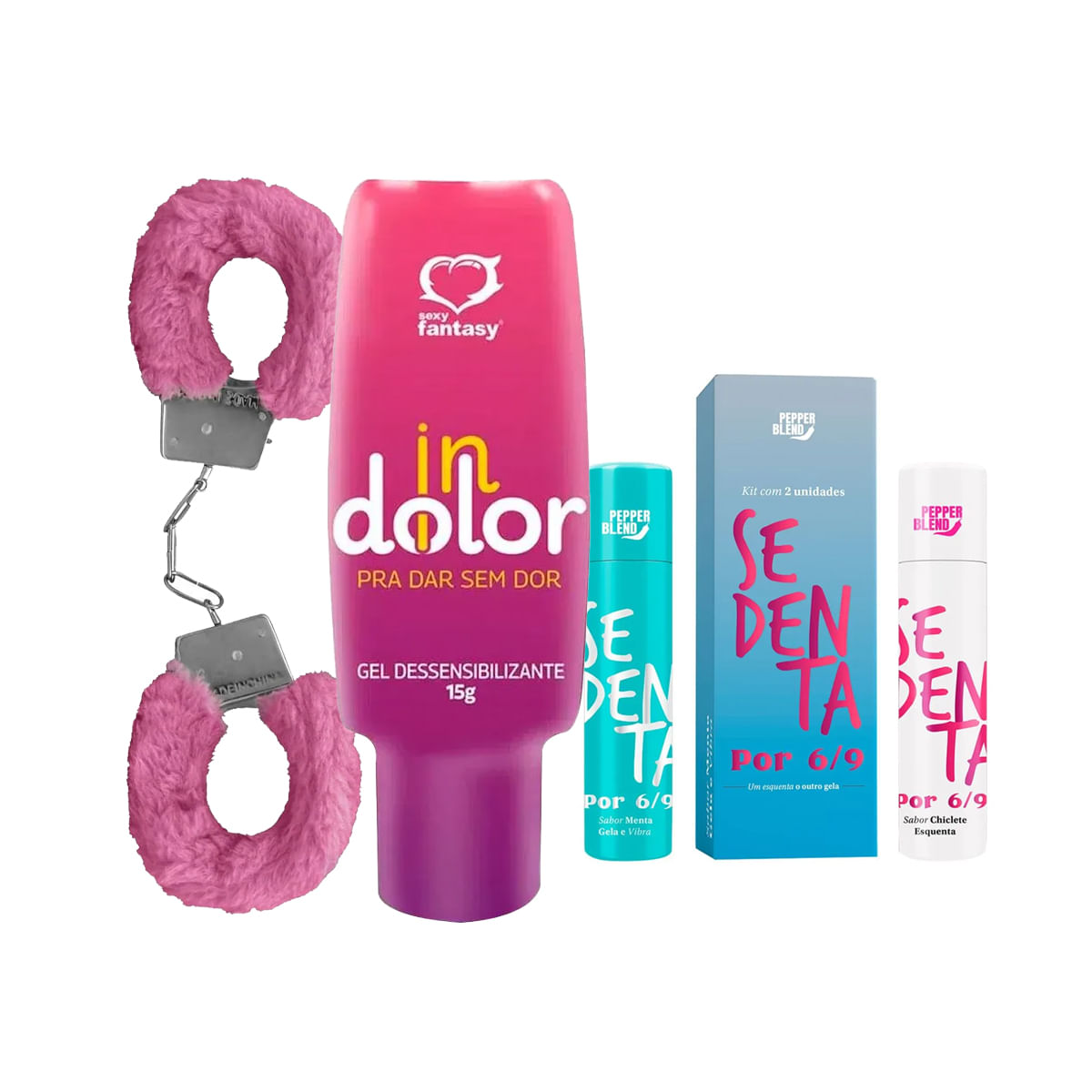 kit com Algema Fur Love Cuffs Dessensibilizante InDolor e Kit Sedenta Por 69