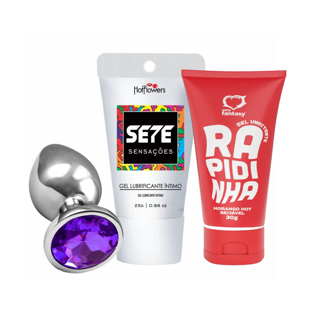 Kit com Sete Sensações Lubrificante Íntimo Rapidinha e Plug Anal de Aço