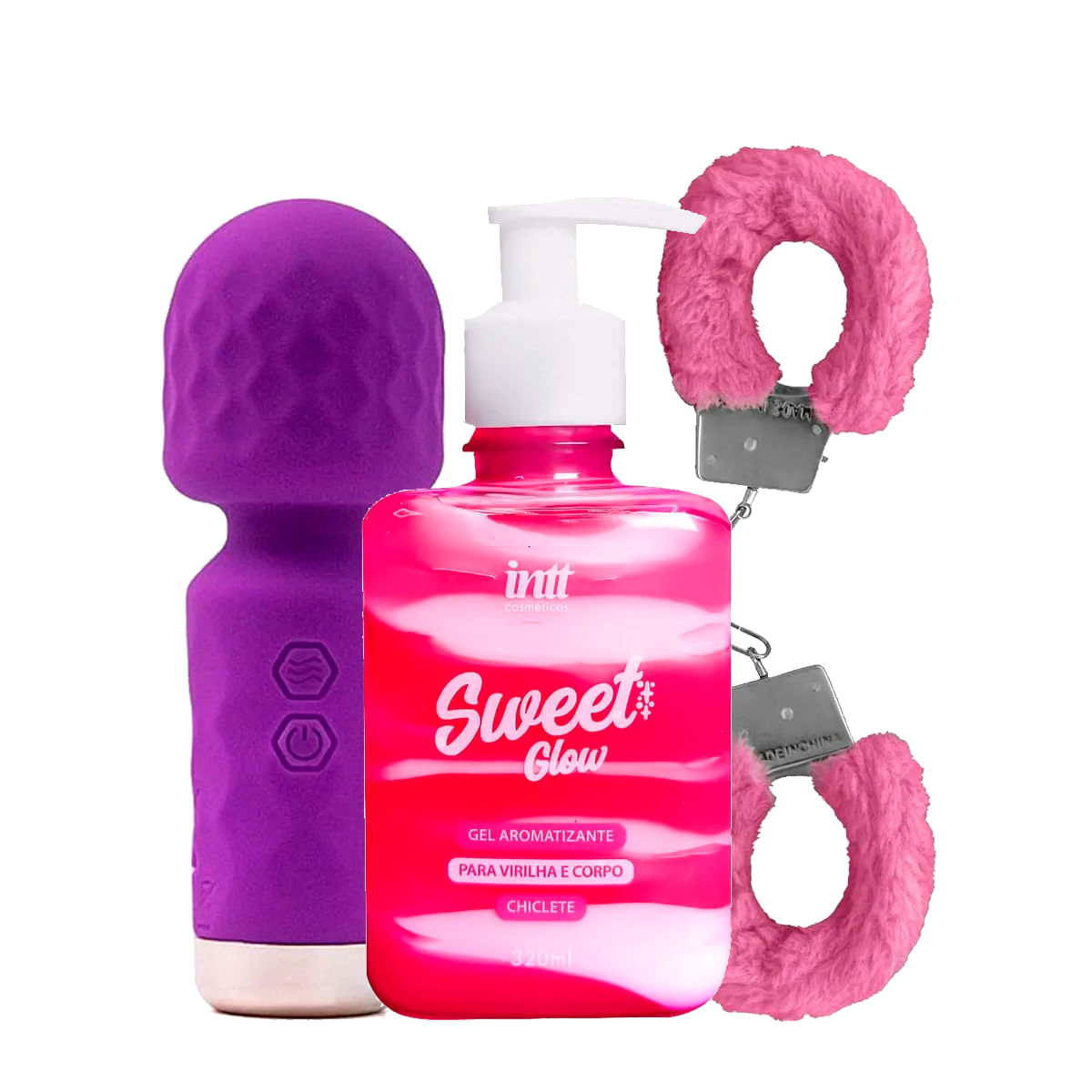 Kit com Hero Mini Varinha Mágica Sweet Glow Gel Hidratante Beijável e Algema de Metal Fur Love Cuffs