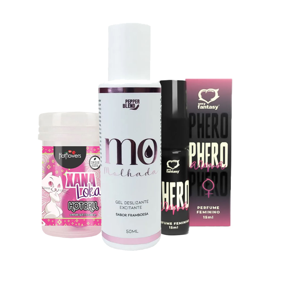 Kit com Perfume Phero Aroma Feminino Lubrificante Íntimo MO Molhada e Hot Ball Xana Loka