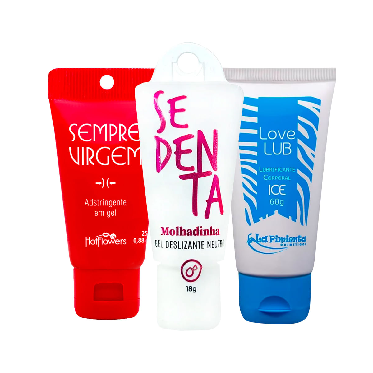 Kit com Gel Sedenta Molhadinha Adstringente Sempre Virgem e Lubrificante Love Lub Ice