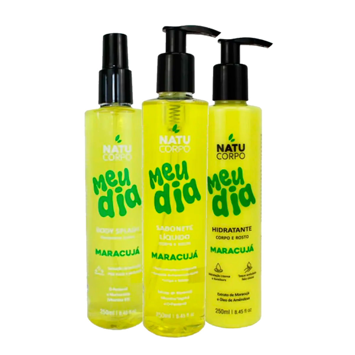 Kit com Fragrâncias de Maracuja Body Splash Meu Dia Sabonete Líquido Corpo e Rosto e Hidratante Meu