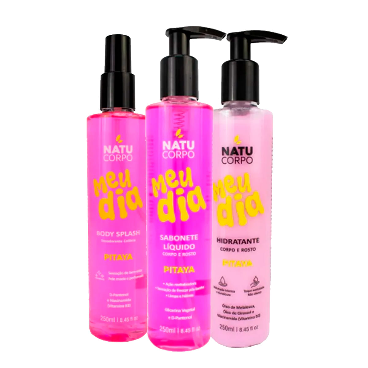 Kit com Fragrâncias de Pitaya Body Splash Meu Dia Sabonete Líquido Corpo e Rosto e Hidratante Meu Di