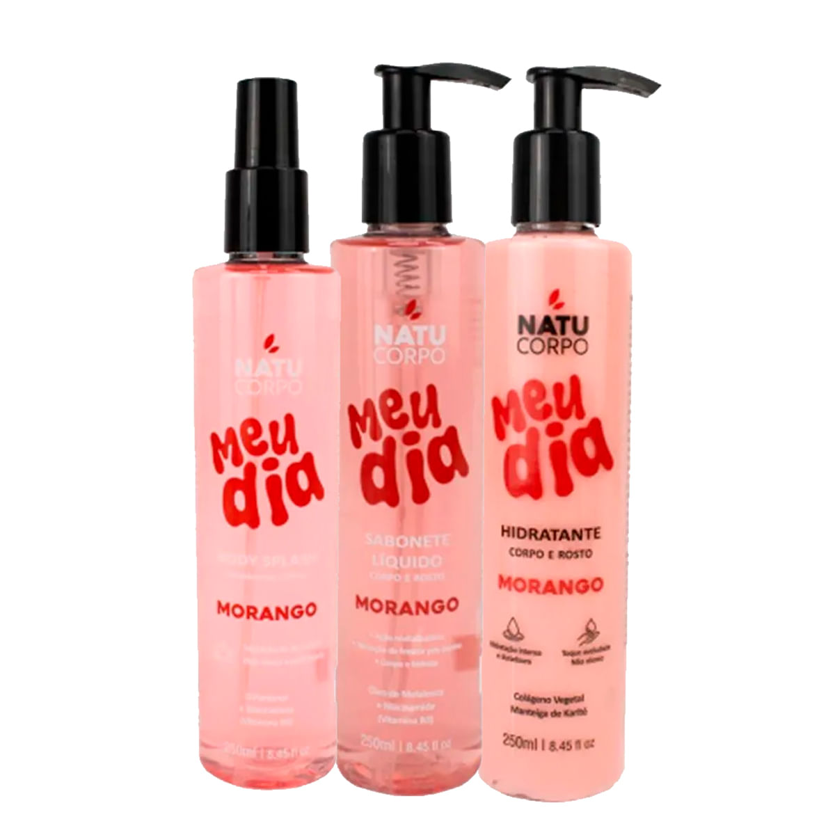 Kit com Fragrâncias de Morango Body Splash Meu Dia Sabonete Líquido Corpo e Rosto e Hidratante Meu D