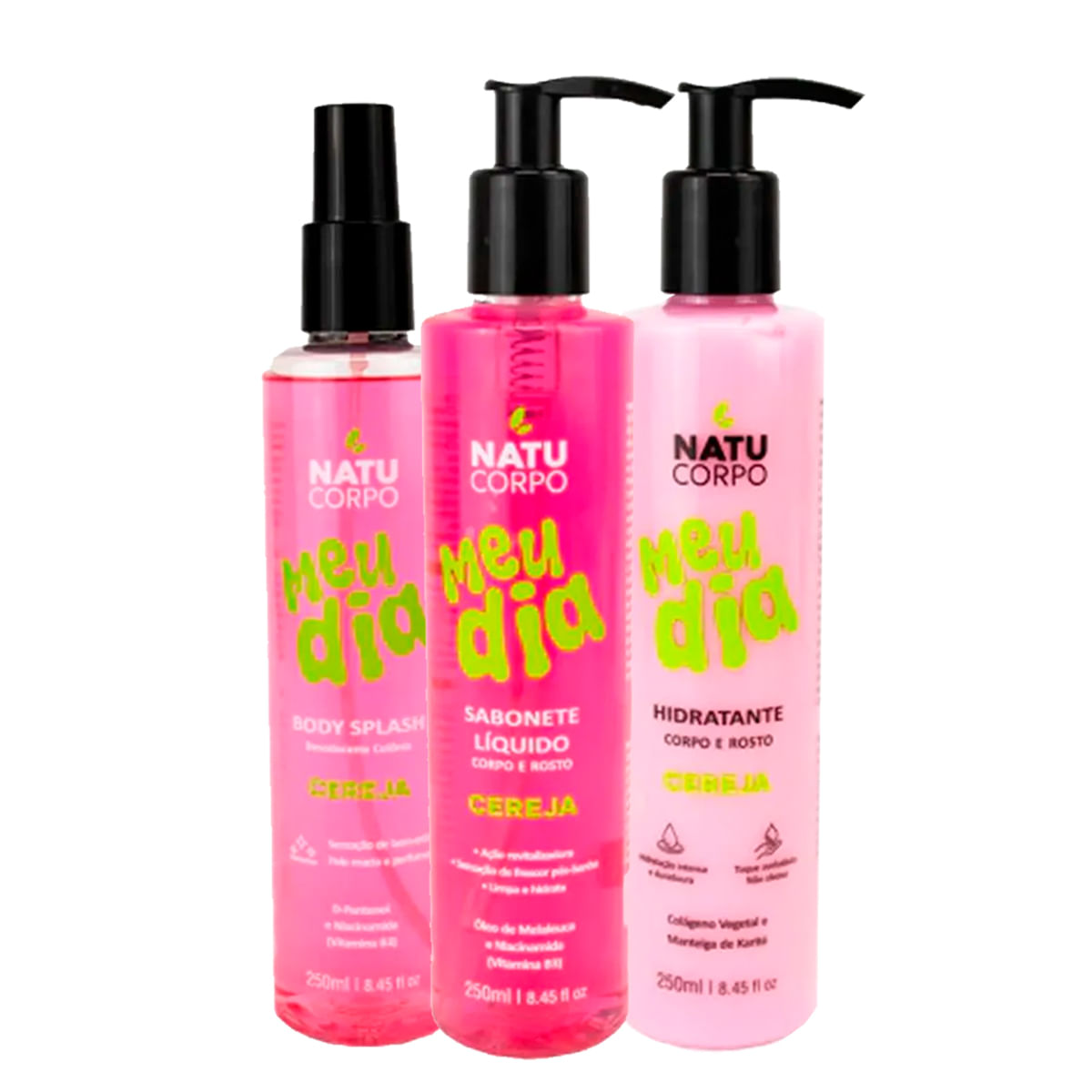 Kit com Fragrâncias de Cereja Body Splash Meu Dia Sabonete Líquido Corpo e Rosto e Hidratante Meu Di