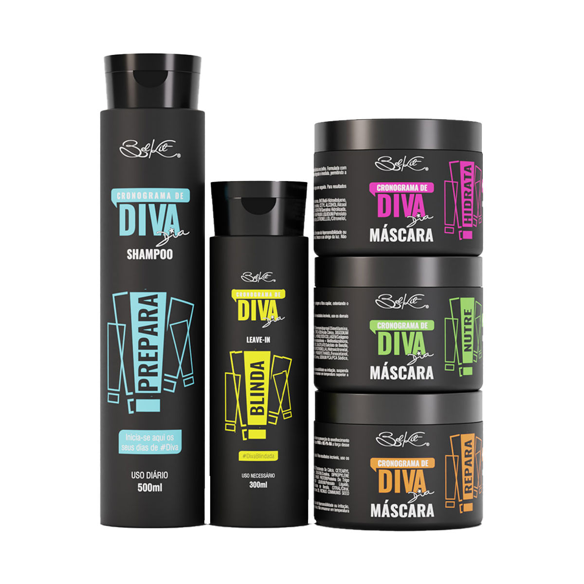 Kit 5 Itens Cronograma Capilar de Diva Hidratação Nutrição e Reconstrução Belkit