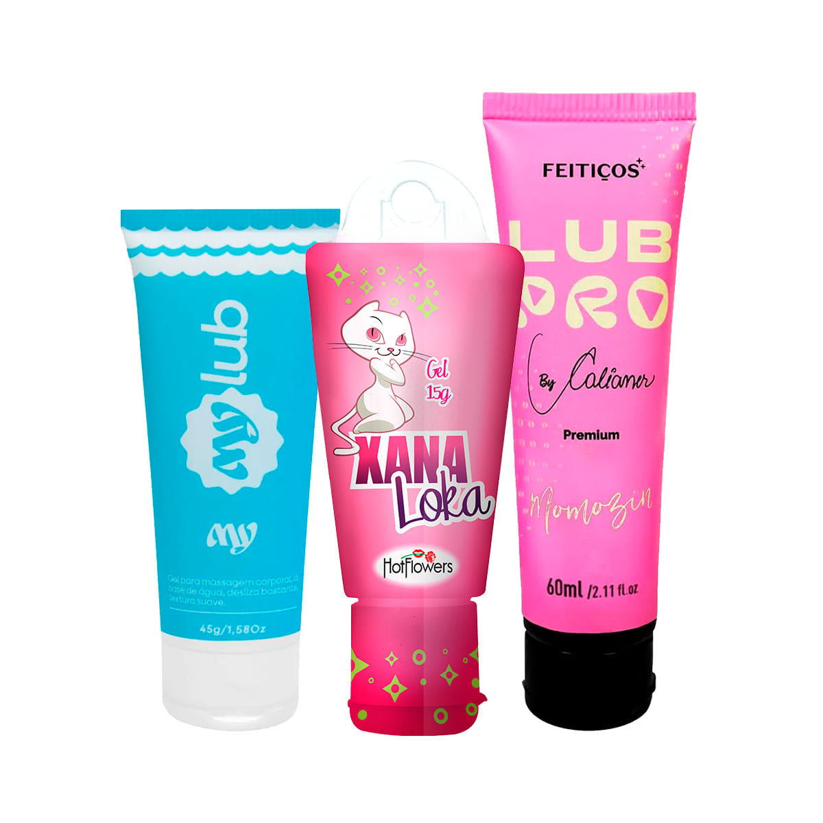 Kit com MyLub Gel Lubrificante Xana Loka Gel Excitante e LubPro Momozin Lubrificante de Morango