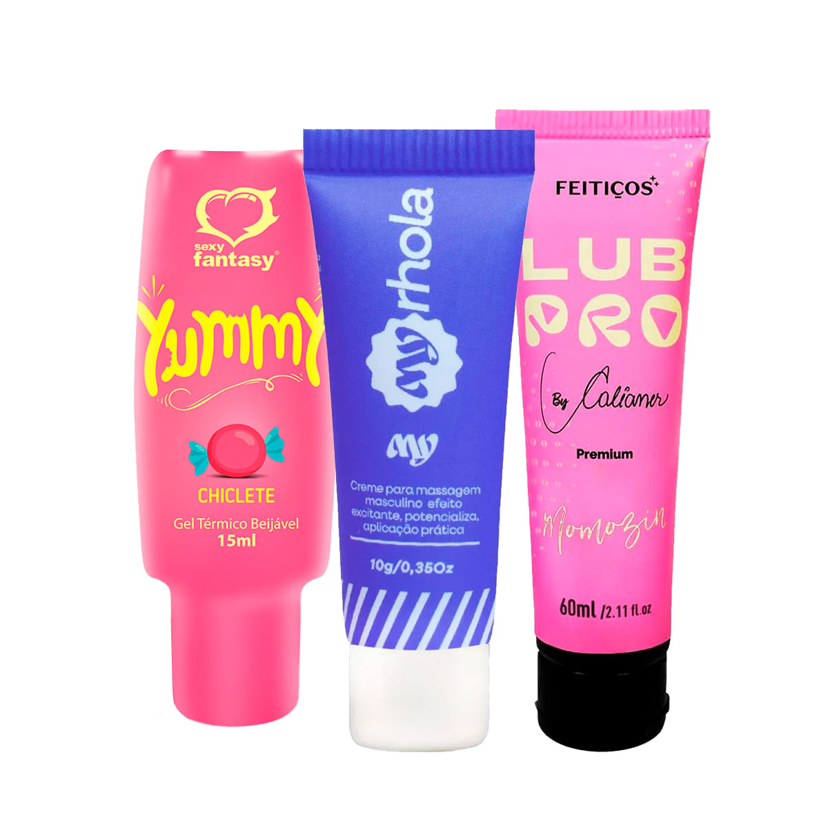 Kit com MyRhola Gel Excitante Yummy Gel Térmico e LubPro Momozin Lubrificante sabor Morango