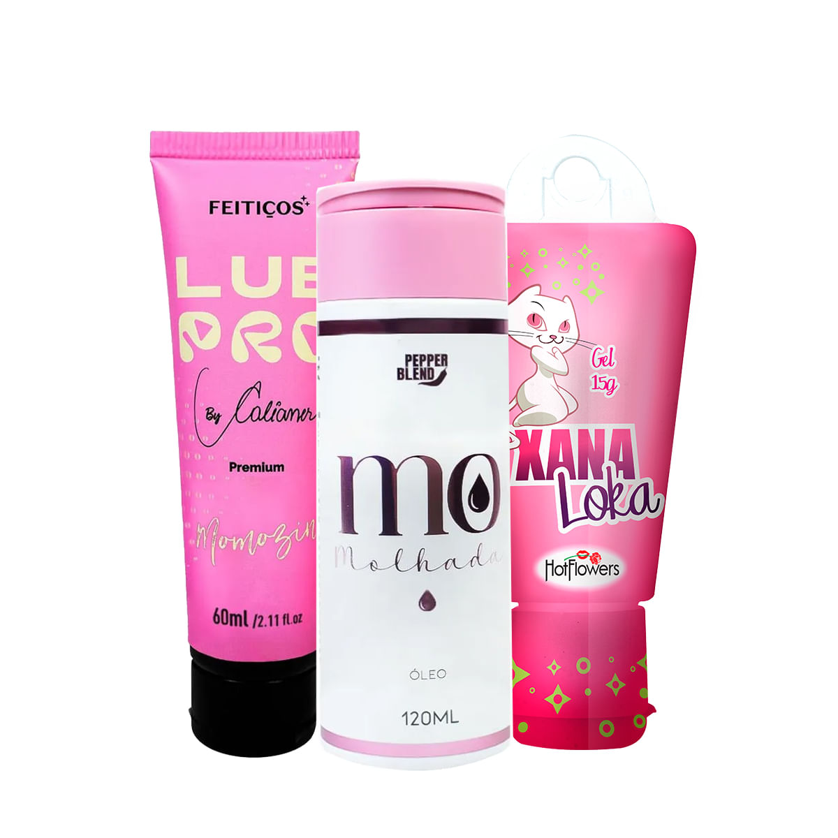 Kit com Óleo Hidratante para Massagem MO Molhada Lubrificante LubPro Momozin e Excitante Xana Loka