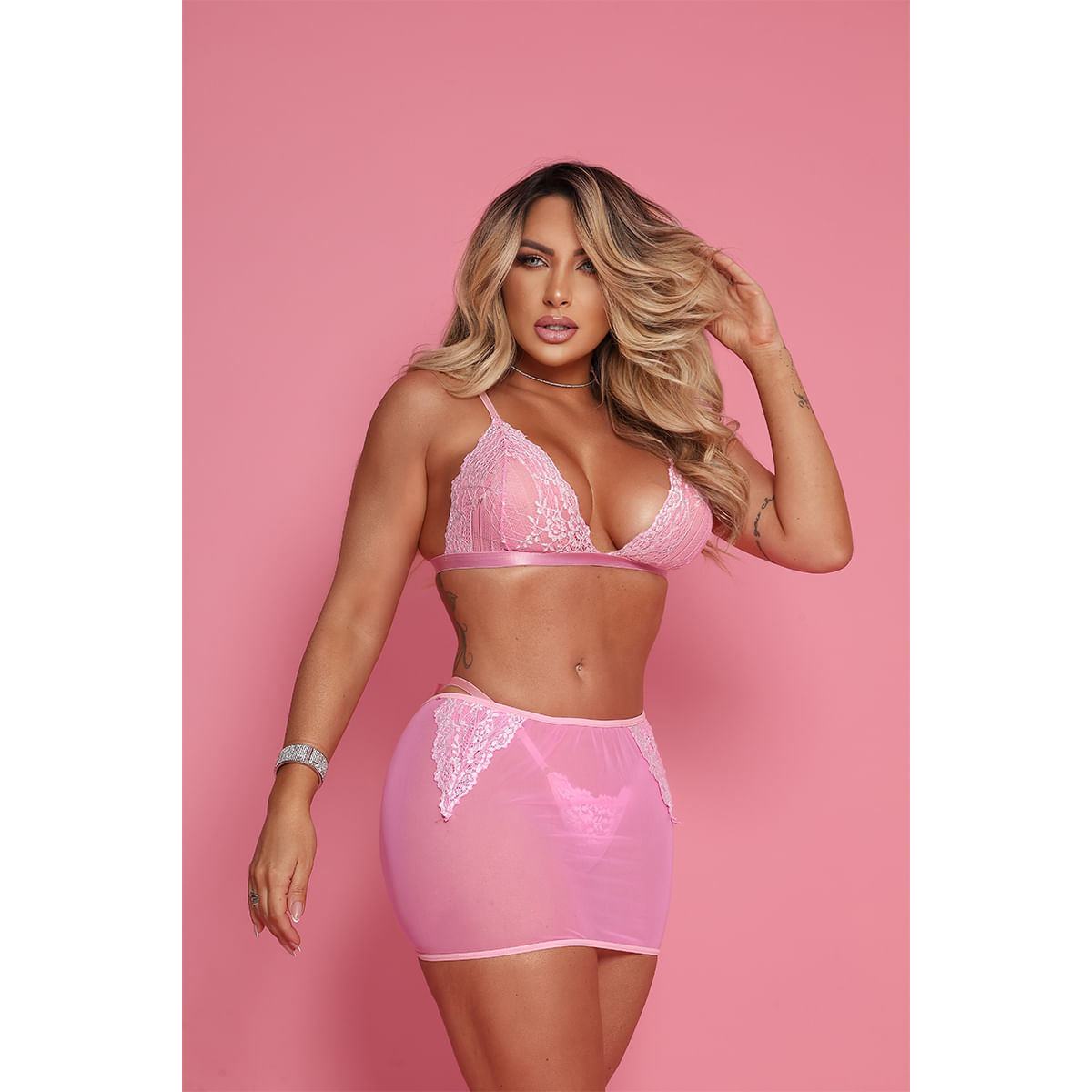 Conjunto Glow Desire Rendado Sutiã Calcinha com Laço e Saia em Tule Tallyta Moda Apimentada