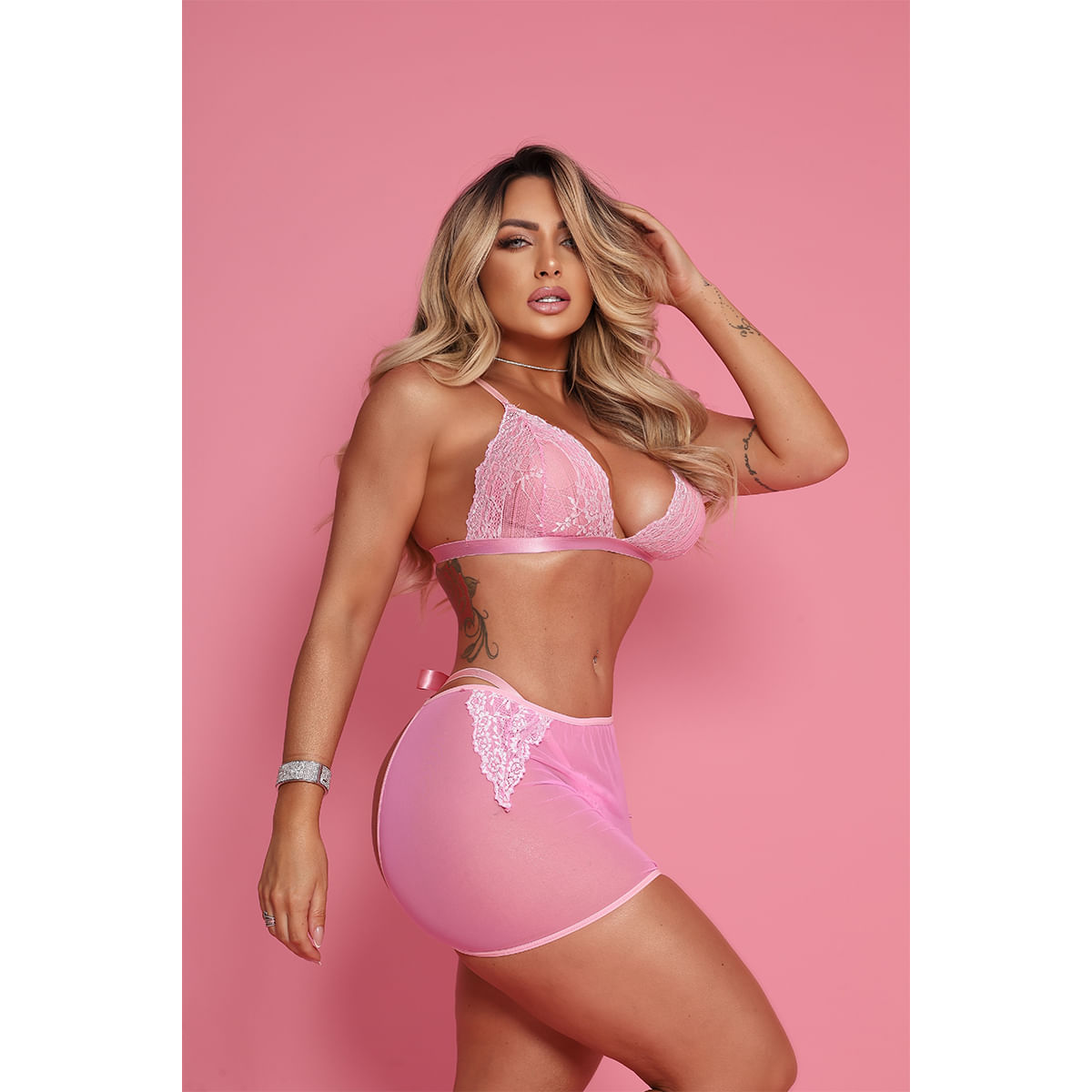 Conjunto Glow Desire Rendado Sutiã Calcinha com Laço e Saia em Tule Tallyta Moda Apimentada
