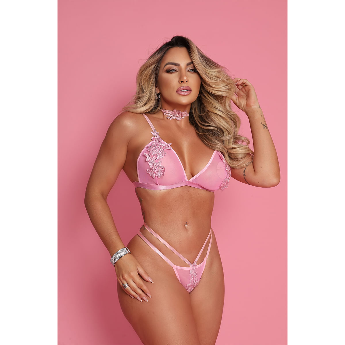 Conjunto Glow Night Bordado com Gargantilha Sutiã e Calcinha Tallyta Moda Apimentada