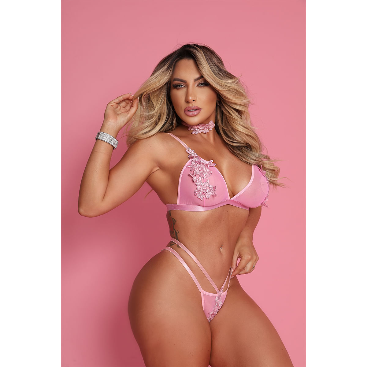 Conjunto Glow Night Bordado com Gargantilha Sutiã e Calcinha Tallyta Moda Apimentada