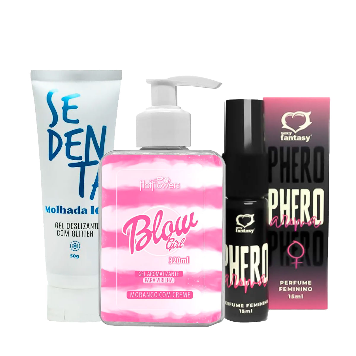 Kit com Blow Girl Gel Aromatizante Sedenta Molhada e Perfume Phero Aroma Feminino