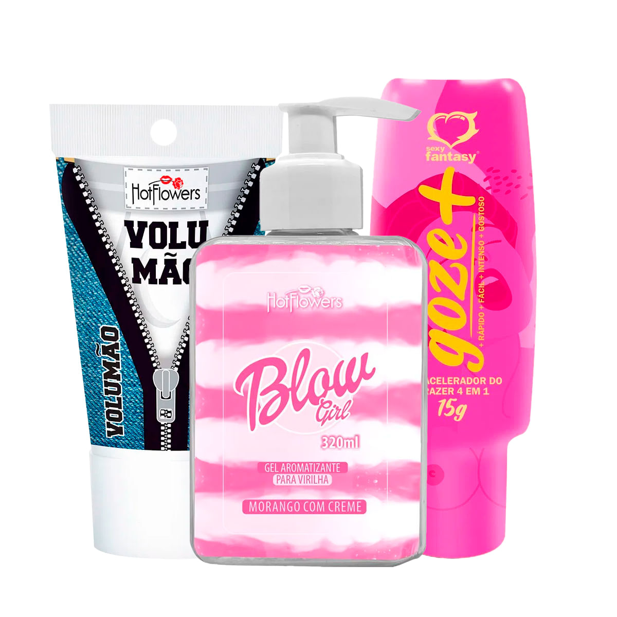 Kit com Blow Girl Gel Aromatizante Volumão Gel Excitante Masculino e Goze + Acelerador do Prazer