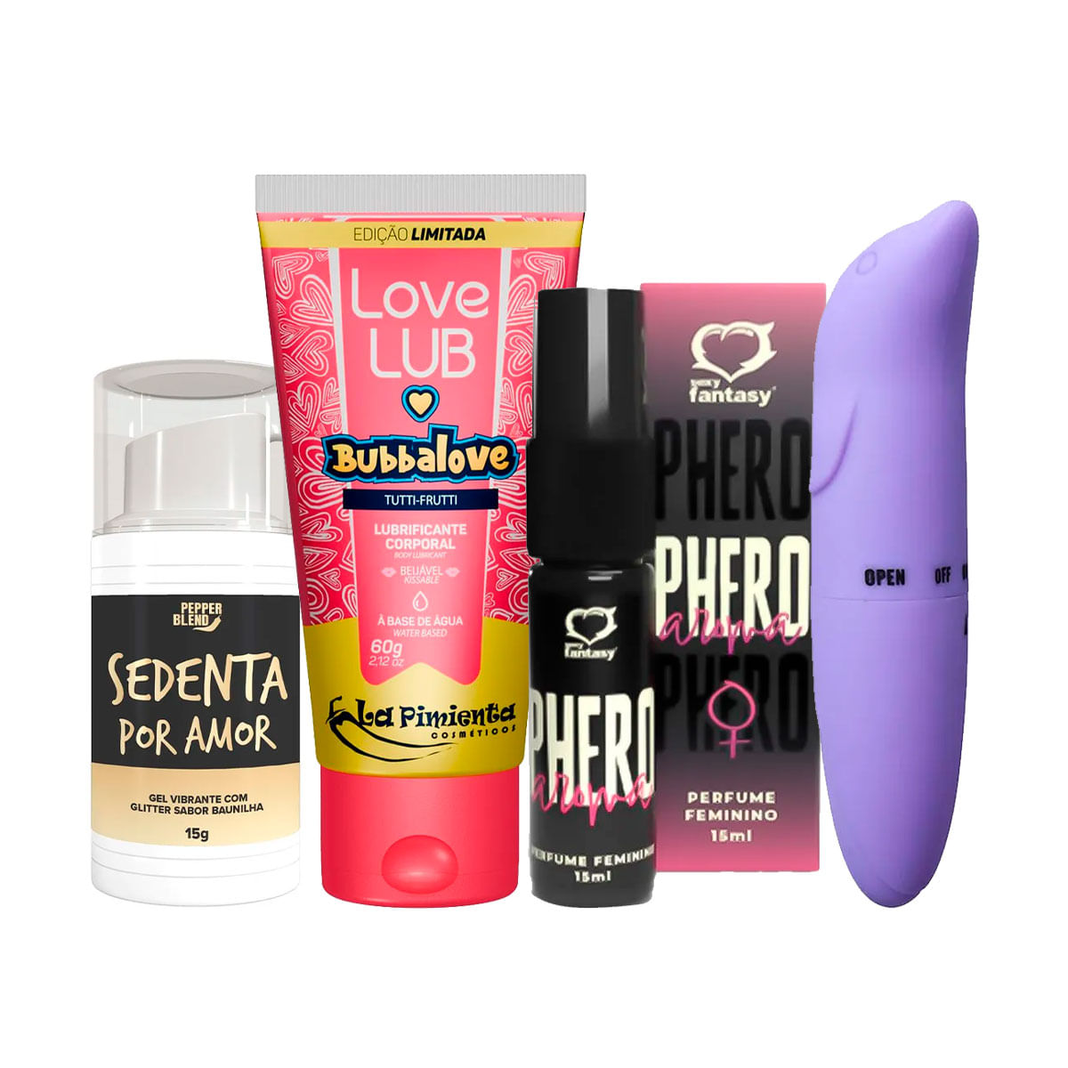 Kit com Sedenta Por Amor Love Lub Bubbalove Perfume Phero Aroma Feminino e Vibrador Golfinho Ponto G