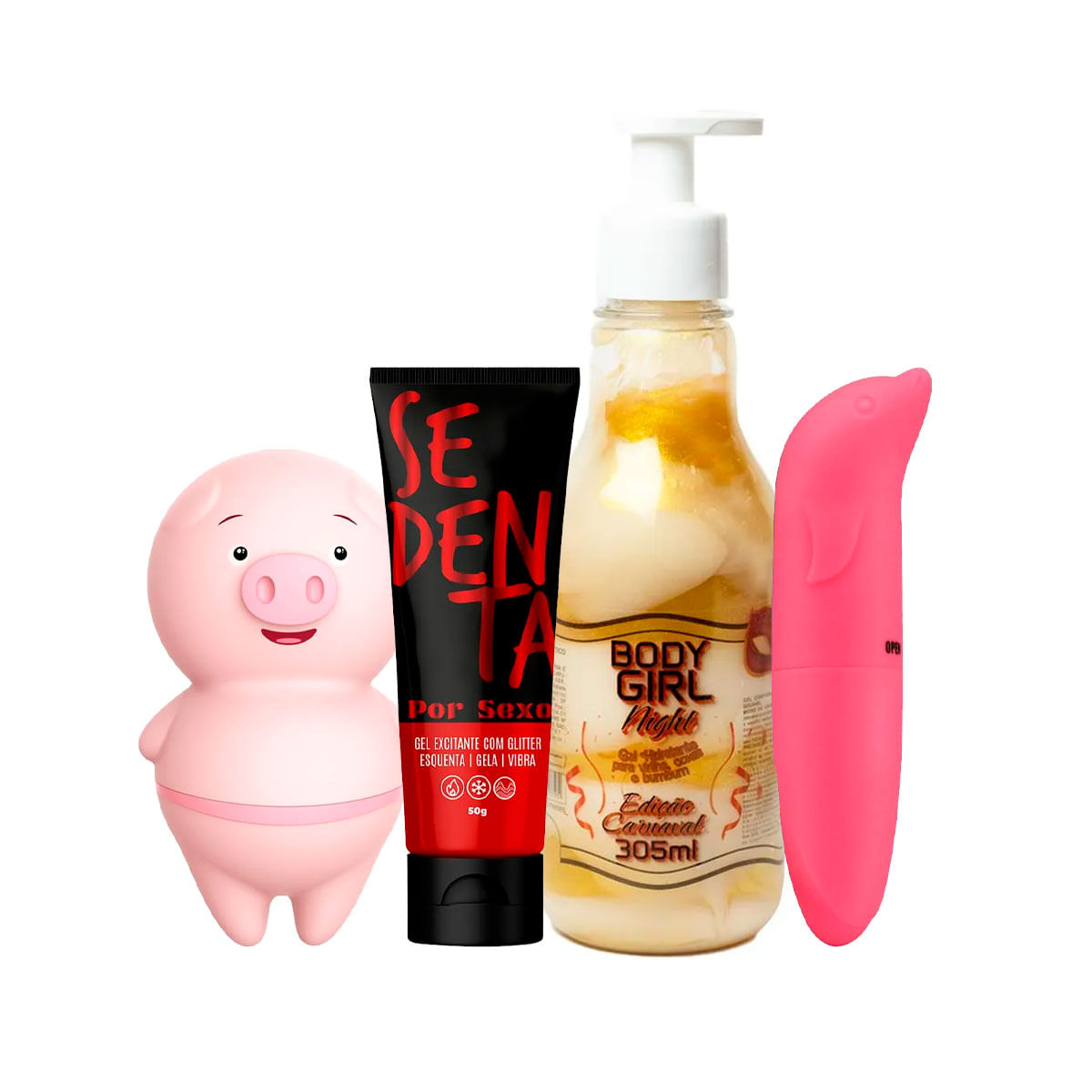 Estimulador Clitoriano de Porquinho Sedenta Por Sexo Body Girl Night e Vibrador Golfinho Ponto G