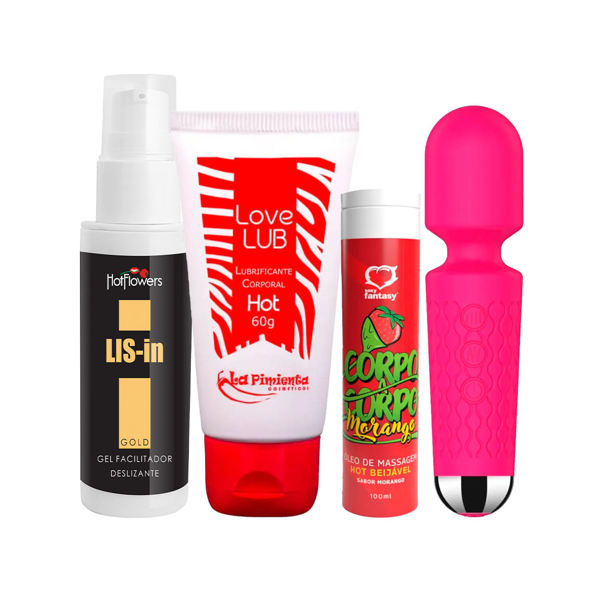 Kit com LIS-In Gel Dessensibilizante Love Lub Hot Óleo de Massagem Corpo a Corpo e Mini Toy Varinha