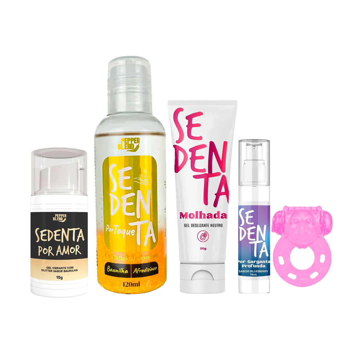 Kit com Sedenta Molhada Sedenta por Garganta Profunda Anel Peniano com Vibrador e Kit Aroma & Prazer