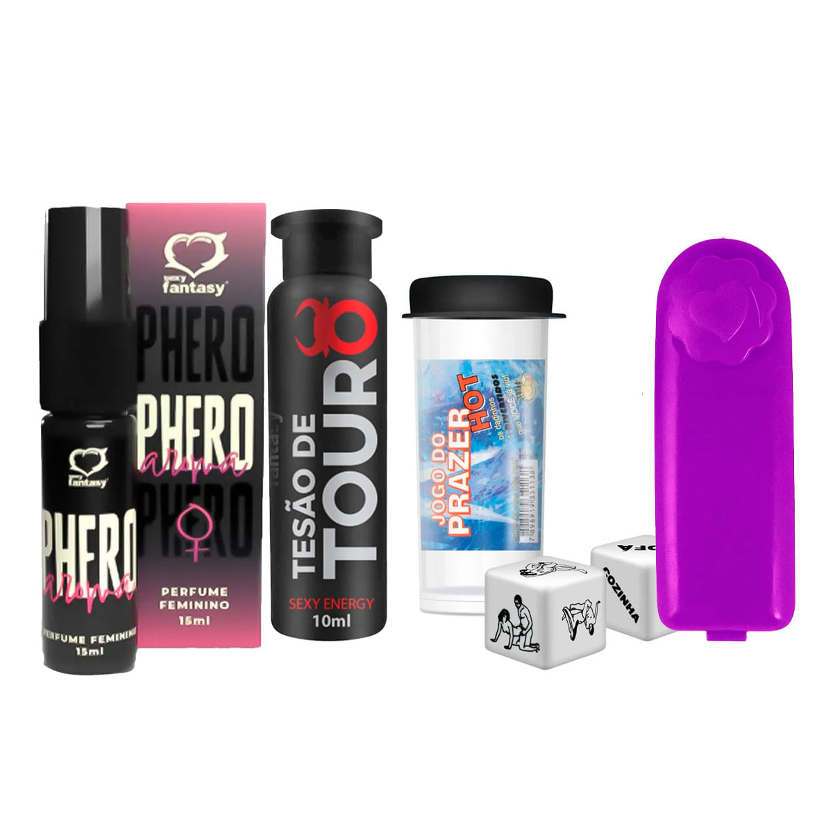 Kit com Tesão de Touro Dados Eróticos Jogo do Prazer Hot Bullet Vibro Ó e Perfume Phero Aroma Femini