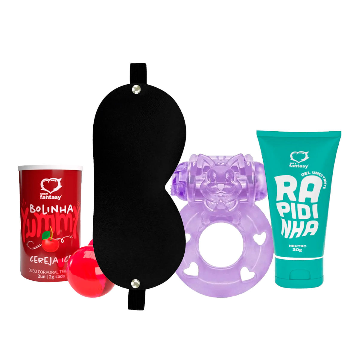 Kit com Yummy Bolinha Beijável Térmica Anel Peniano Venda Preta e Lubrificante Íntimo Neutro Rapidin