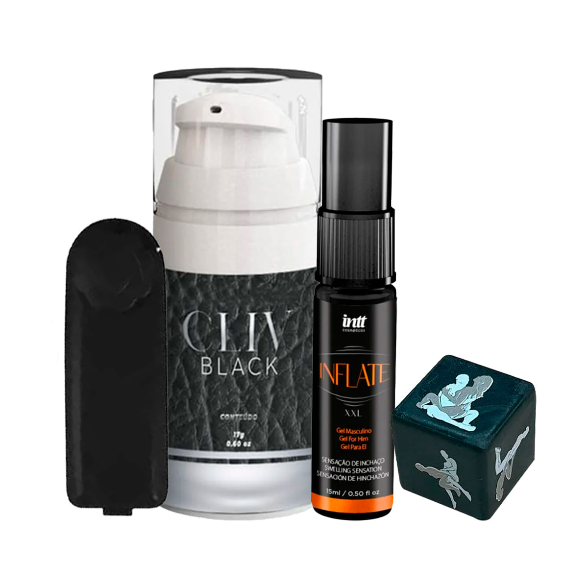 Kit com Cliv Black Inflate Óleo Prazer Black Dado Posições e Bullet Cápsula