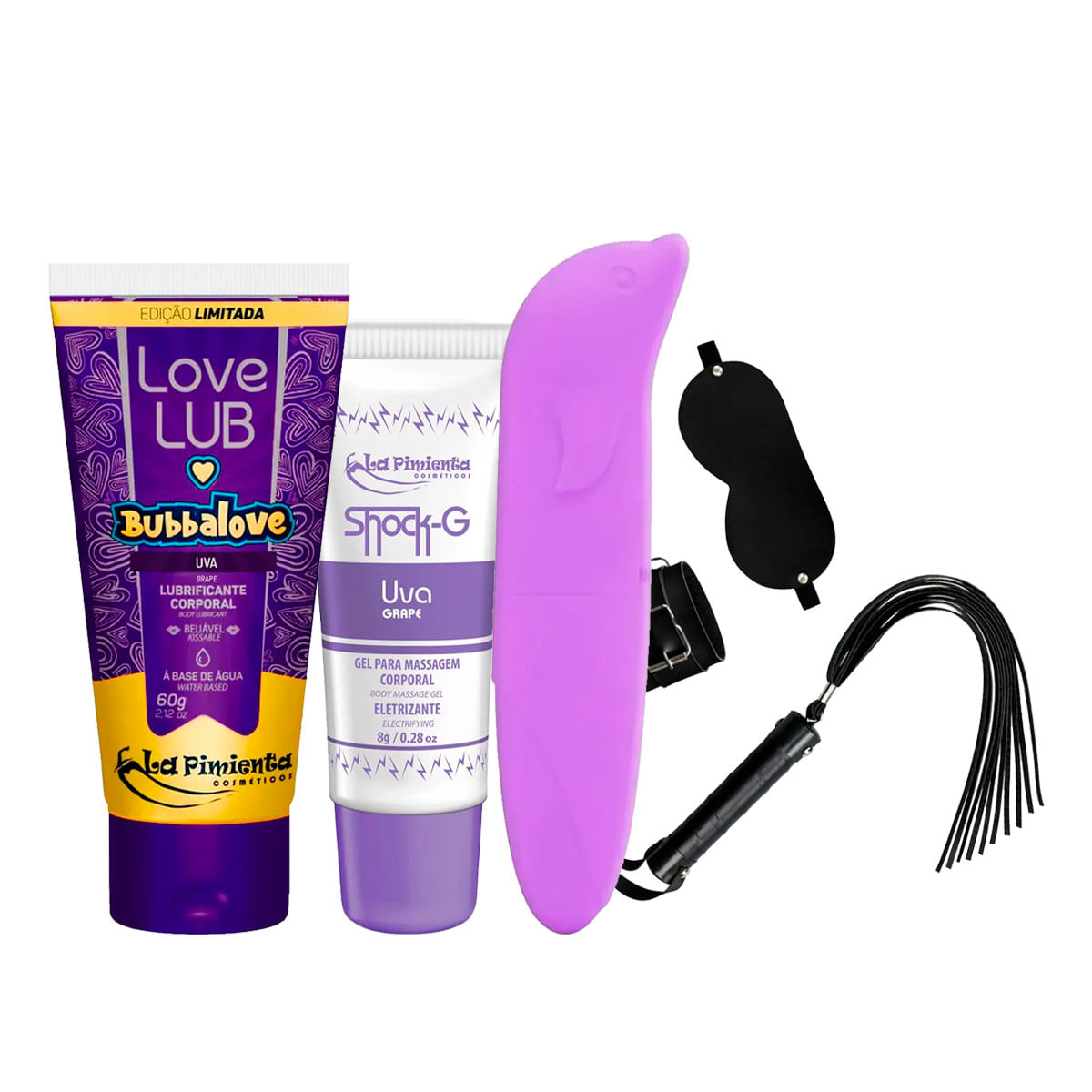 Kit com Shock G Vibrador Ponto G Kit Fetiche e Love Lub Bubbalove