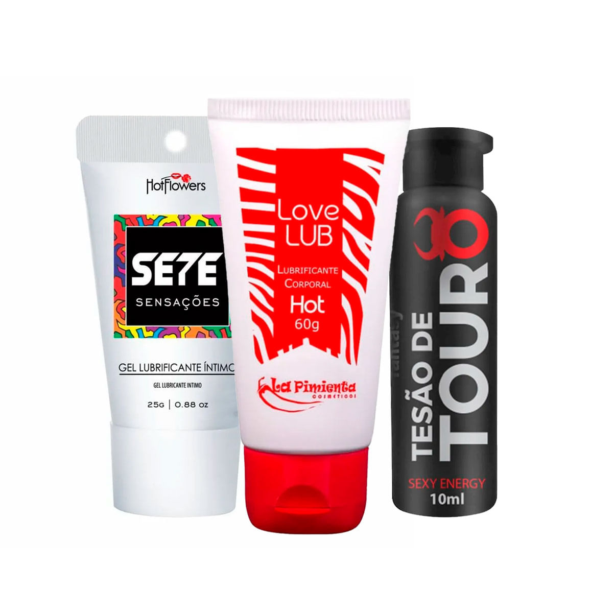 Kit com Sete Sensações Lubrificante Love Lub Hot Lubrificante e Tesão de Touro Afrodisíaco