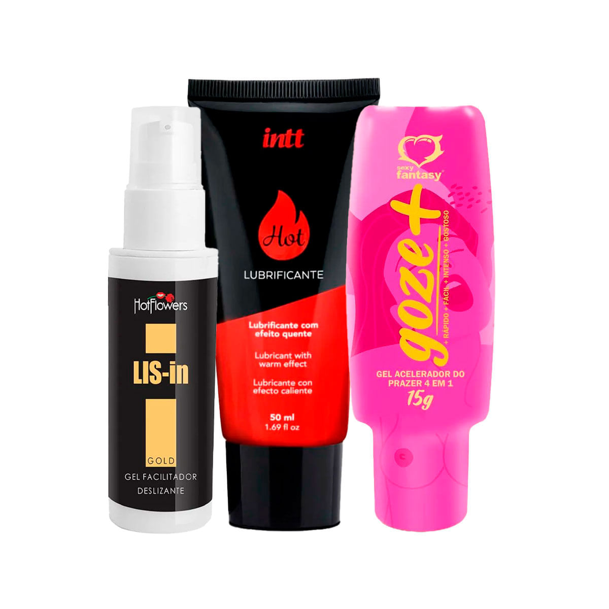 Kit com Lubrificante Hot a Base de Água Sabor Morango  Goze +  e LIS-In Gel Dessensibilizante