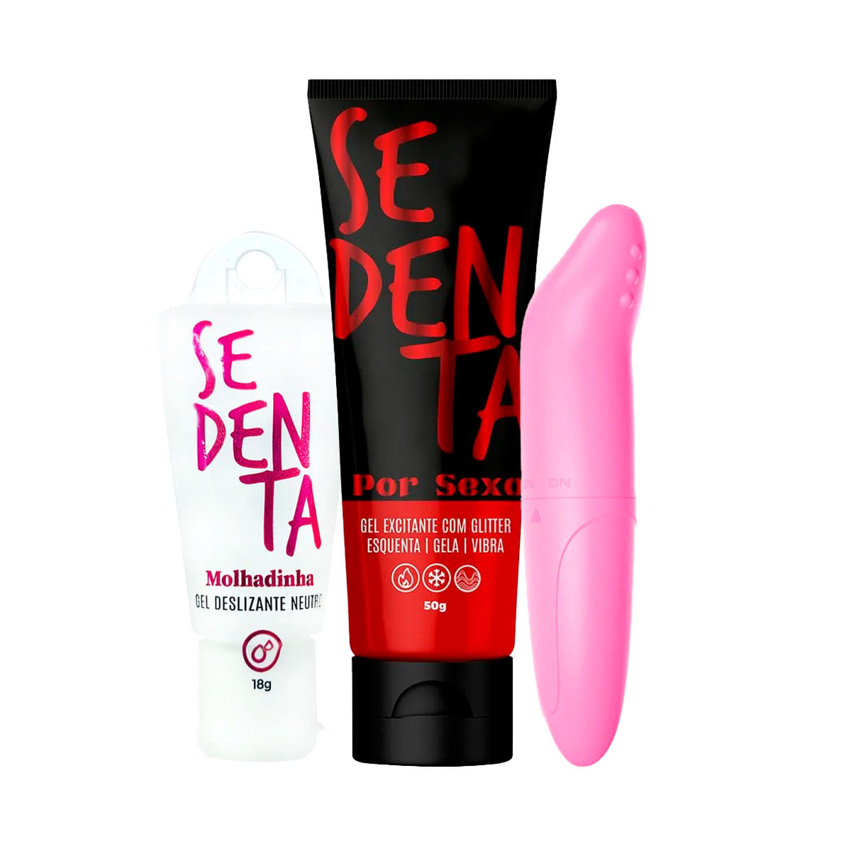 Kit com Sedenta Molhadinha Gel Deslizante Neutro e Sedenta Por Sexo Gel Comestível com Glitter