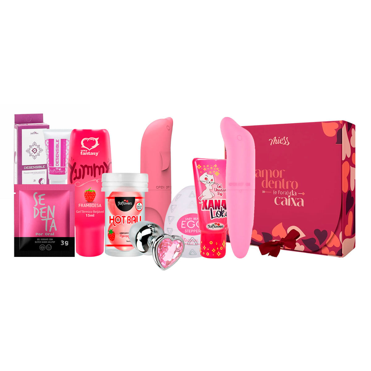 KIT MATCH PERFEITO com Gel Hot Ball Vibrador Masturbador Sachê Plug Dessensibilizante e Xana Loka