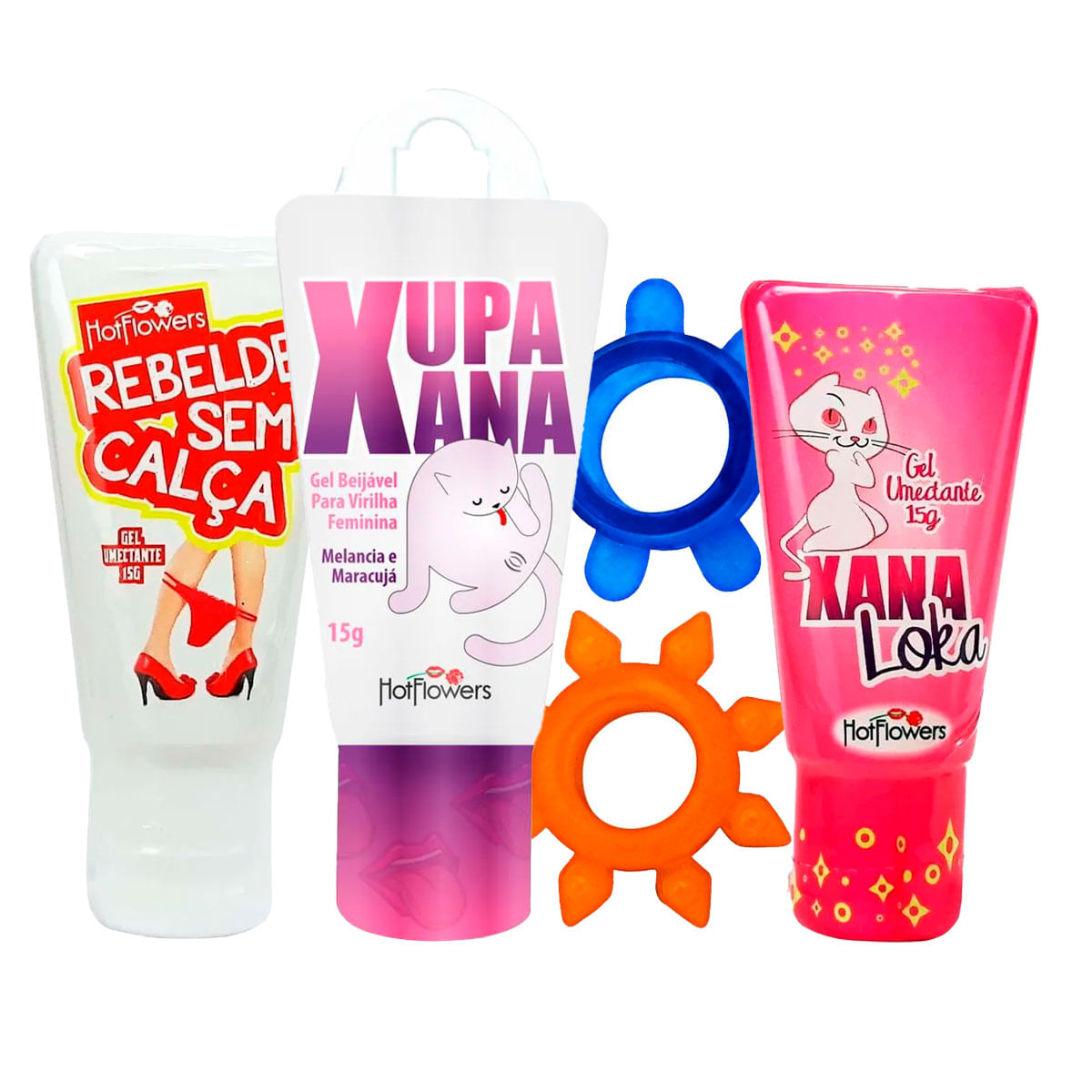 Kit com Rebelde Sem Calça Dessensibilizante Xupa Xana Gel Beijável Anel Peniano e  Xana Loka Excitan