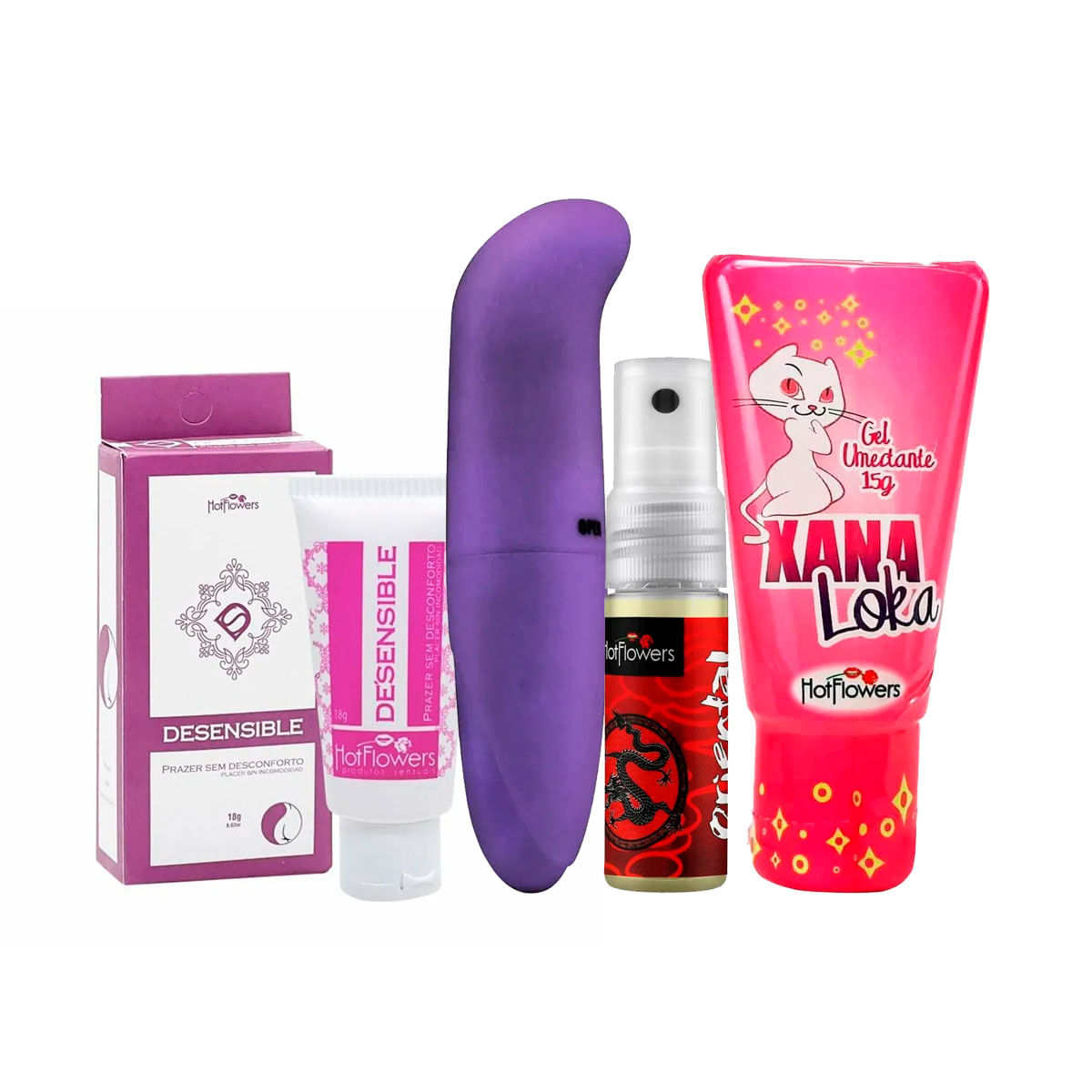 Kit com Dessensibilizante Anal Desensible Vibrador Ponto G Oriental Spray e Xana Loka Excitante