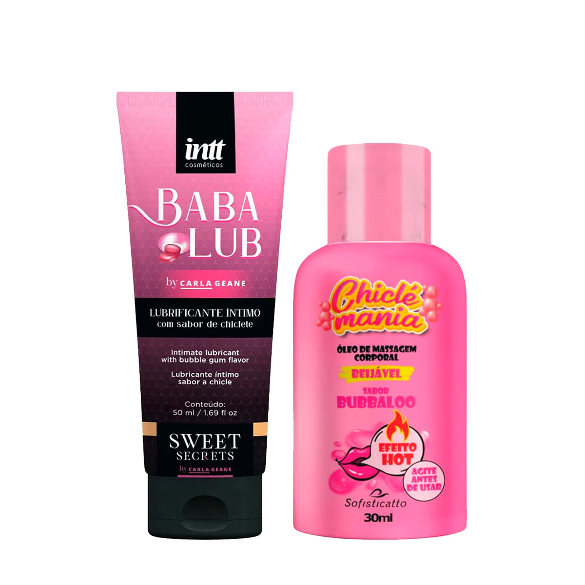 Duplinha com Babalub Lubrificante Beijável à Base d'Água e Chiclé Mania Óleo de Massagem