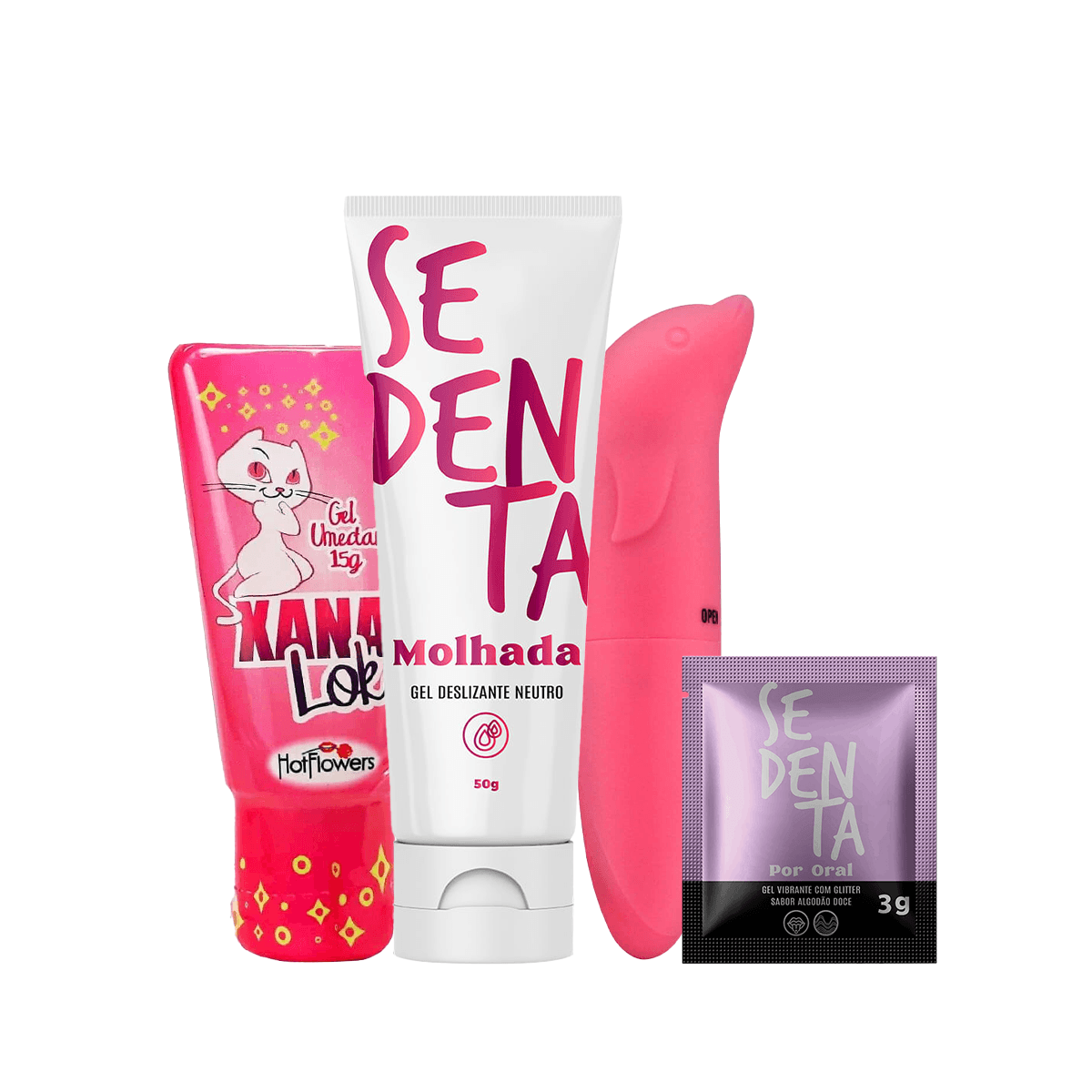 Kit com Sedenta Molhada Neutro Vibrador Ponto G Xana Loka e Sachê Sedenta Por Oral