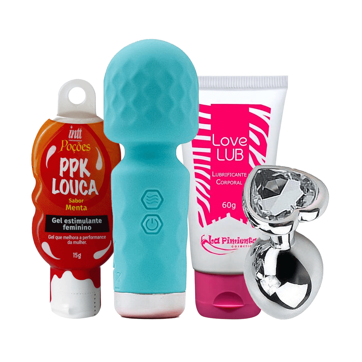Kit com Hero Mini Varinha Mágica Love Lub Neutro PPK Louca e Plug Anal Coração P