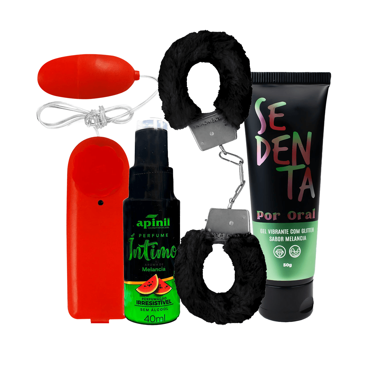 Kit com Sedenta Por Oral Algema de Metal Fur Love Cuffs Perfume Íntimo e Bullet Mini