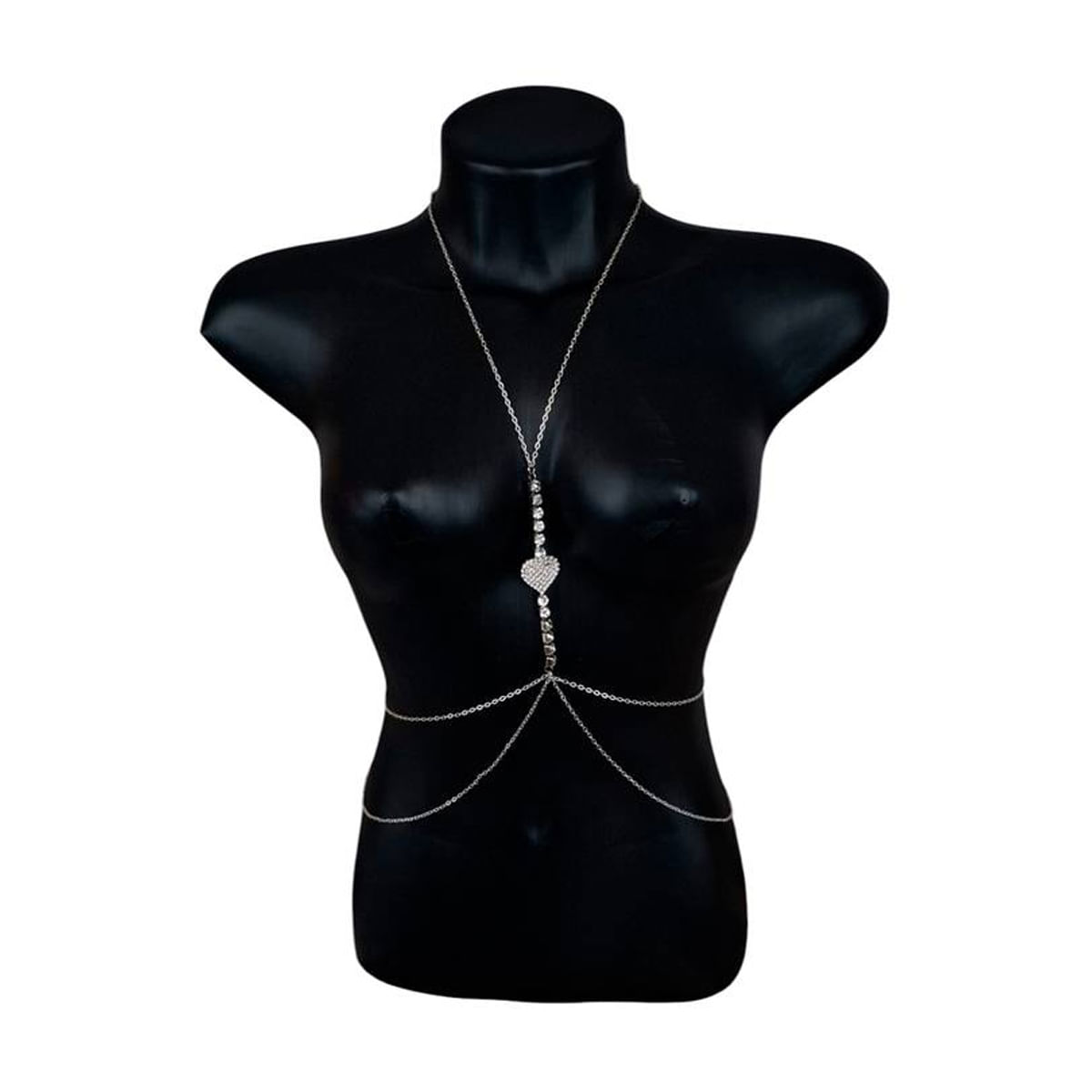 Body Chain Joia de Corpo com Strass Coração Central e Correntes Yaffa Lingerie