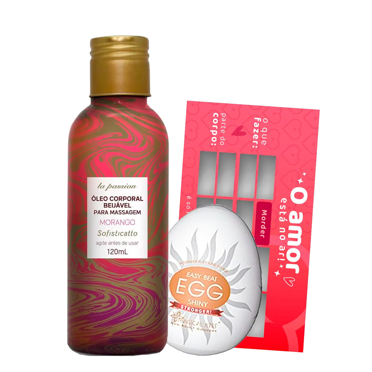 Kit com Óleo Corporal Beijável Raspadinha do Amor e Egg Kiss Hard 2 Shiny
