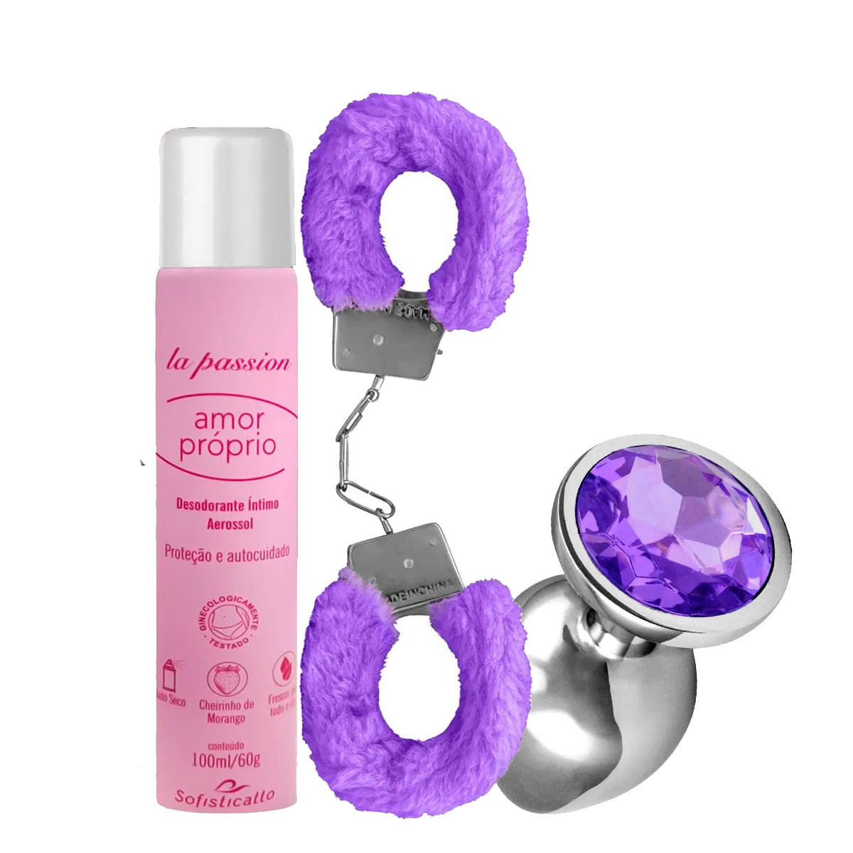 Kit com Amor Próprio Desodorante Algema de Pelúcia e Plug Anal Arredondado M