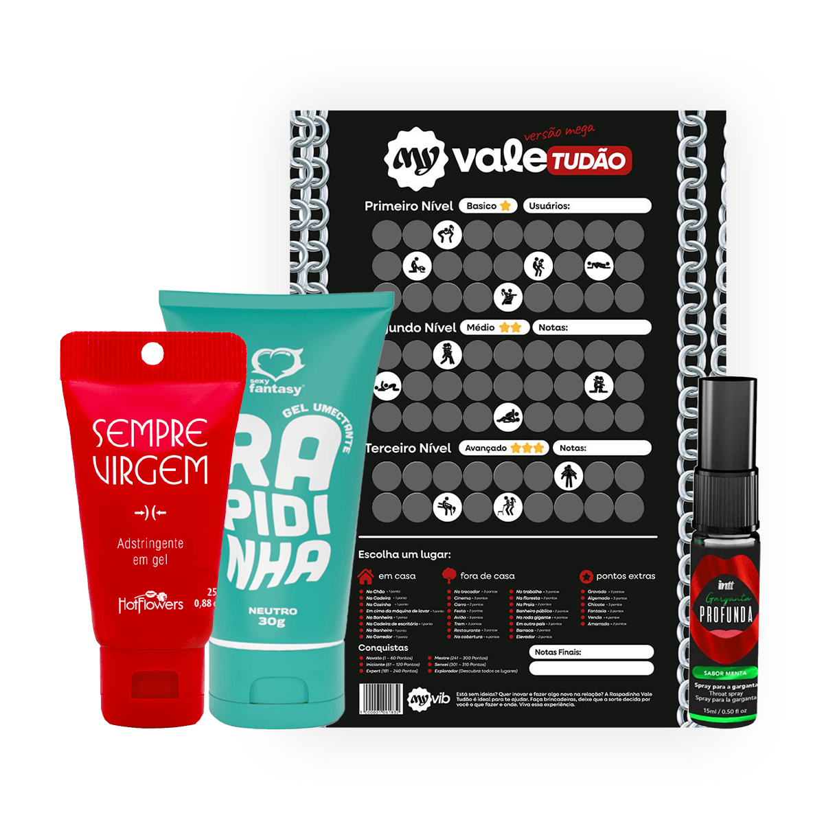 Kit com Garganta Profunda Lubrificante Rapidinha Sempre Virgem e Raspadinha My Vale Tudão Versão Meg