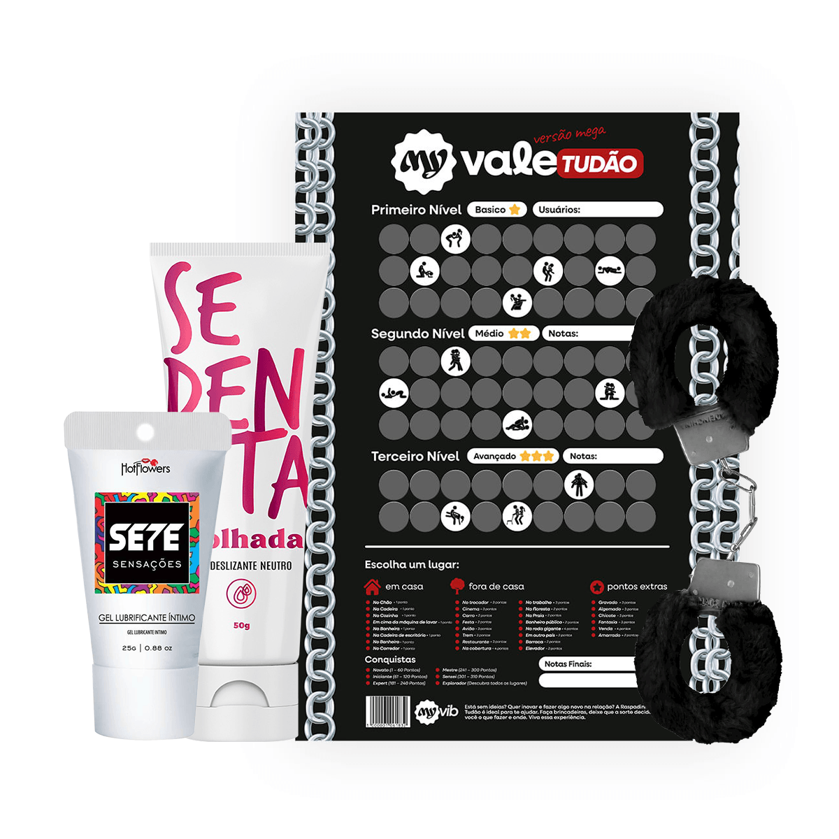 Kit com Sedenta Molhada Neutro Sete Sensações Algema e Raspadinha My Vale Tudão Versão Mega
