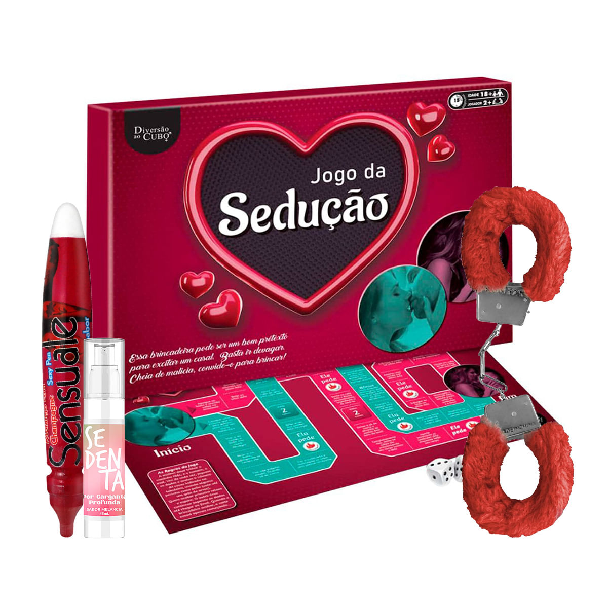 Kit com Caneta Sensuale Algema Fur Love Cuffs Sedenta por Garganta Profunda e Jogo Tabuleiro Sedução