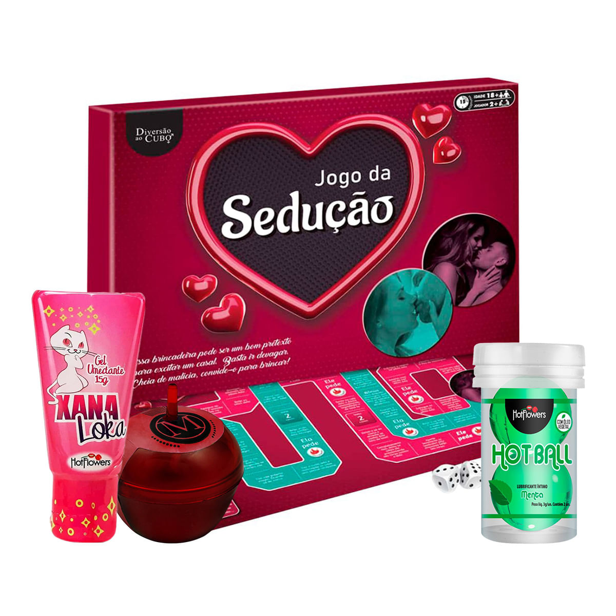 Kit com Vela para Massagem Beijável Xana Loka Hot Ball e Jogo Tabuleiro Sedução
