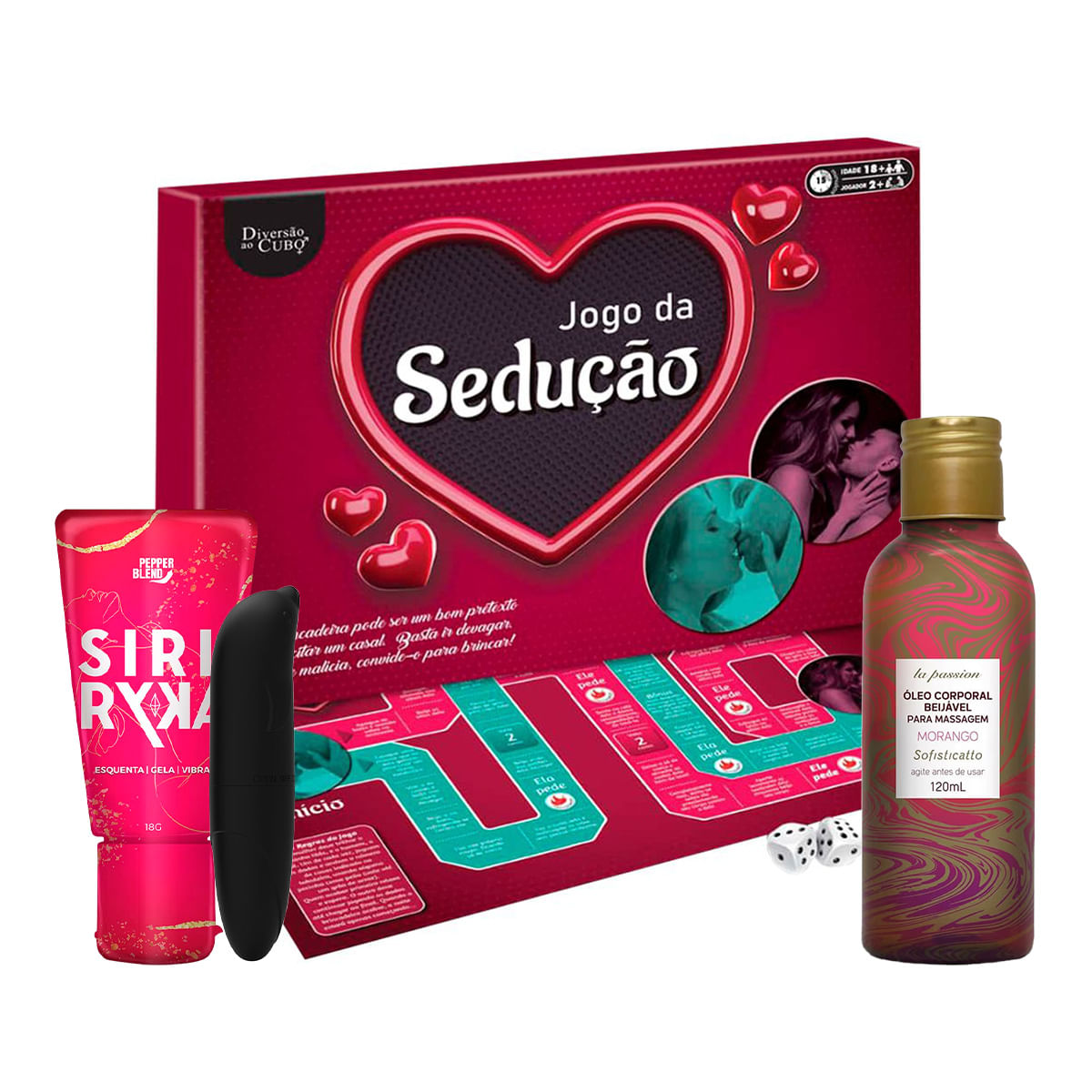 Kit com Óleo Corporal Beijável Para Massagem Vibrador Ponto G Siri Ryka e Jogo Tabuleiro Sedução