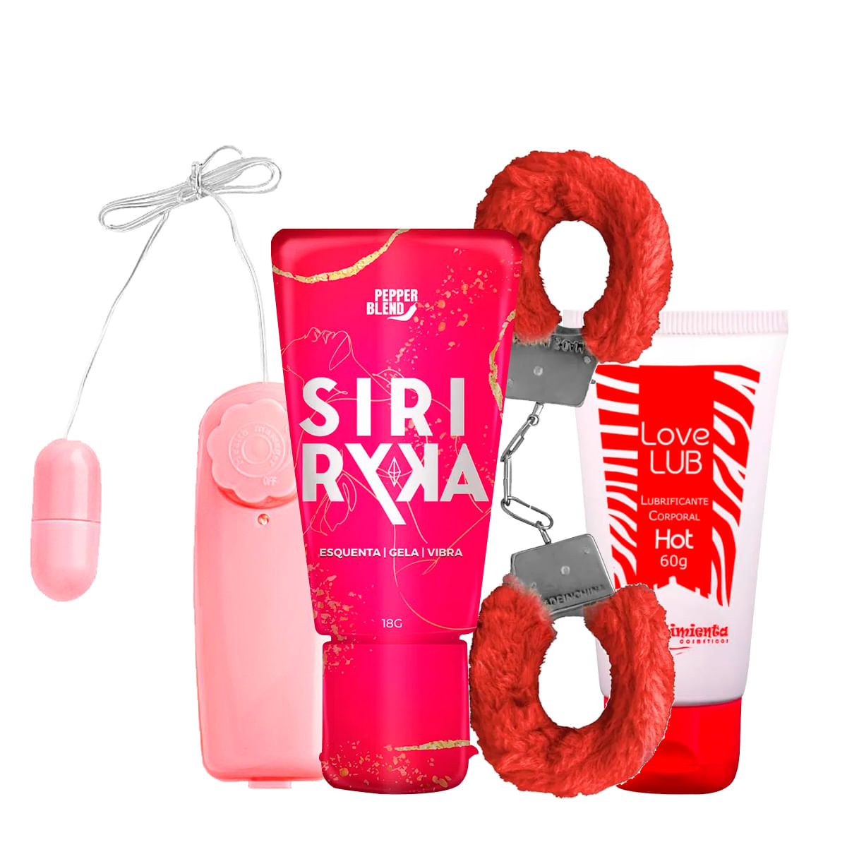 Kit com Siri Ryca Gel Comestível Excitante Vibro Ó Bullet Algema Fur Love Cuffs e Love Lub Hot