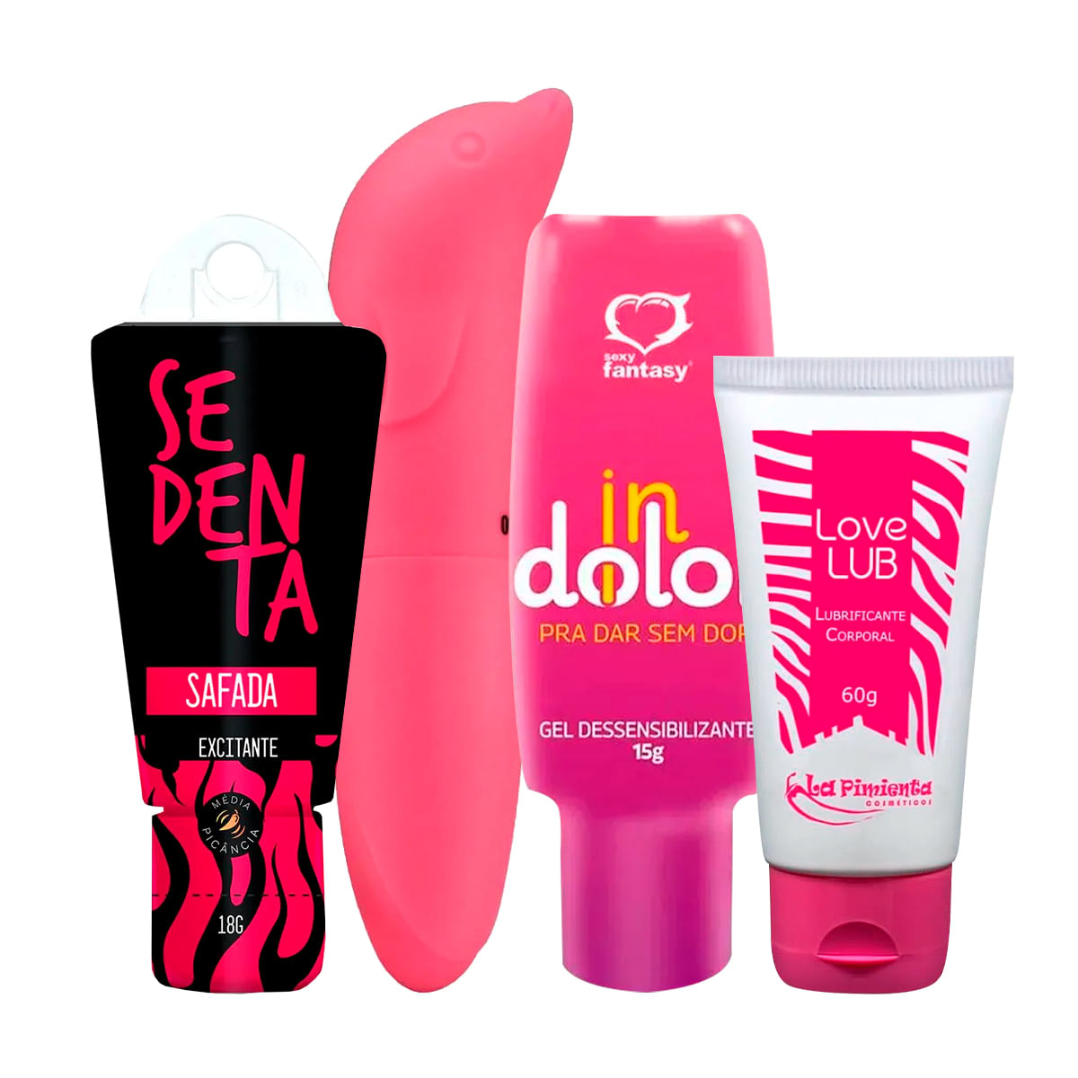 Kit com Sedenta Safada Excitante Vibrador Ponto G InDolor Gel Dessensibilizante e Love Lub