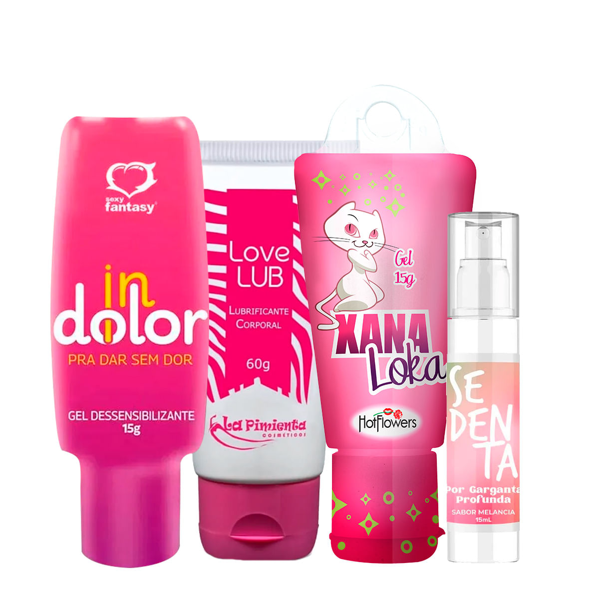 Kit com Xana Loka Sedenta por Garganta Profunda Love Lub Lubrificante Neutro e InDolor Dessensibiliz
