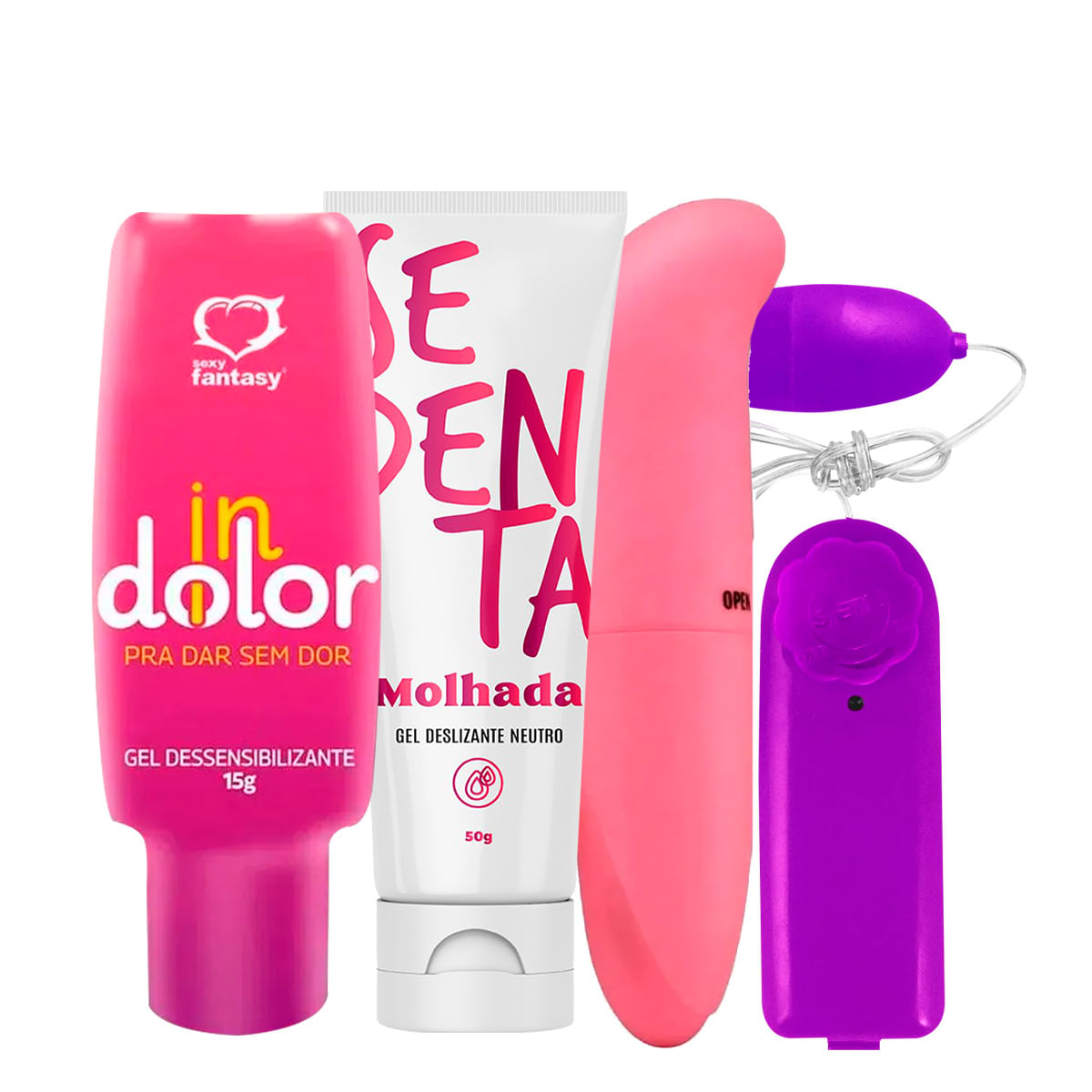 Kit com Sedenta Molhada Vibrador Ponto G Bullet Mini Vibrador e InDolor Gel Dessensibilizante