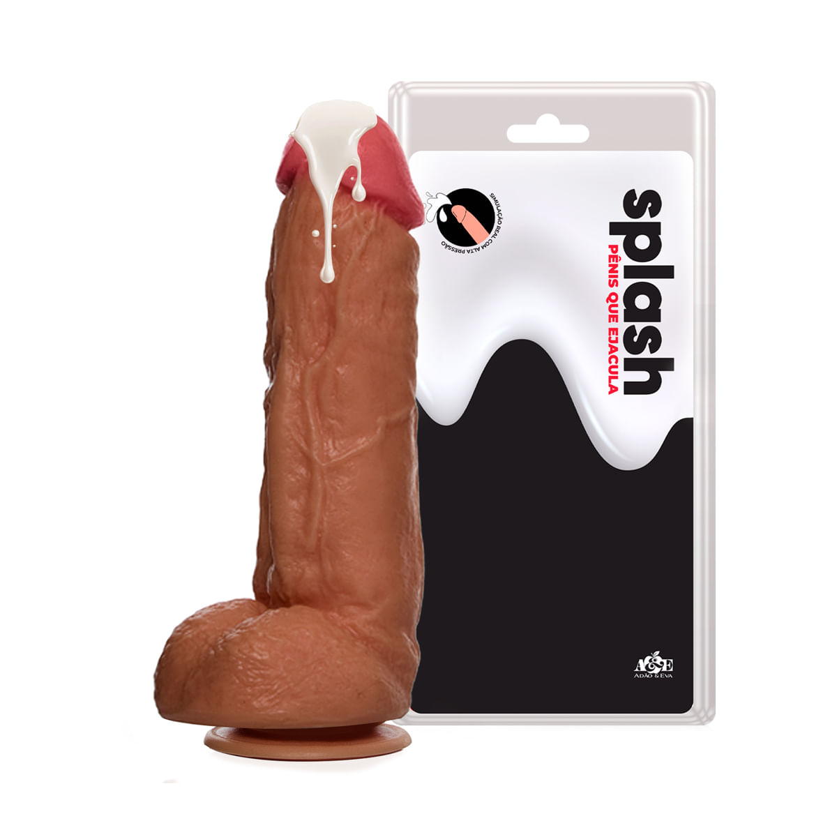 Splash Pênis Realístico que Ejacula com Escroto e Ventosa 19,5 x 5,5cm Adão e Eva